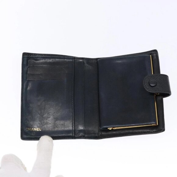 CHANEL Bifold Wallet Grained Calf Skin Black Gold CC Auth main image 7